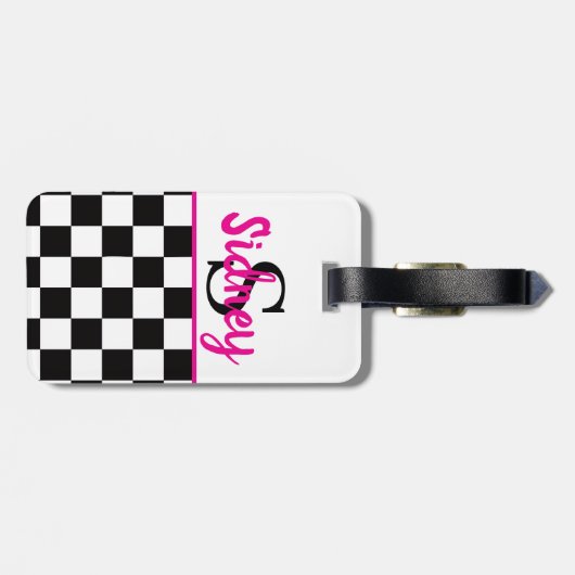 Retro Checkerboard Neon Pink Name Monogram ラゲッジタグ (裏面横)