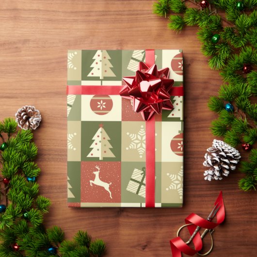 Retro Checkered Christmas Red and Green  ラッピングペーパー (クリスマスギフト)