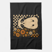 Retro Checkered Halloween Raccoon キッチンタオル (縦)