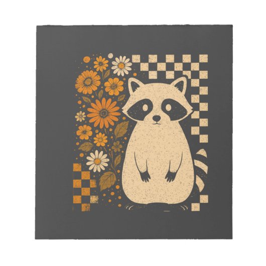 Retro Checkered Halloween Raccoon ノートパッド (正面)
