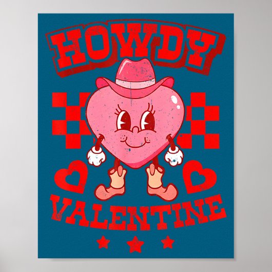 Retro Checkered Howdy Western Valentines Day Cowbo ポスター (正面)