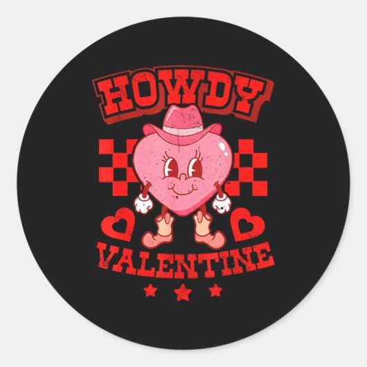 Retro Checkered Howdy Western Valentines Day Cowbo ラウンドシール (正面)