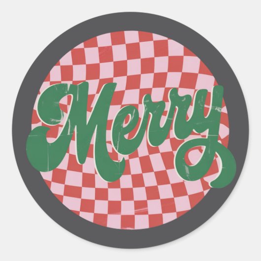 Retro Checkered Merry Christmas  ラウンドシール (正面)
