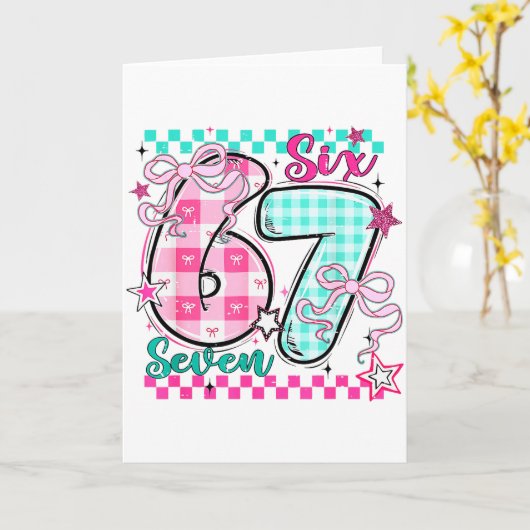 Retro Checkered Valentine Six Seven Meme 67 Viral カード (黄色い花)