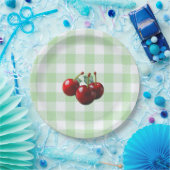 Retro Cherries fresh picked green gingham ペーパープレート (パーティー)