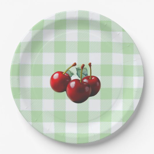 Retro Cherries fresh picked green gingham ペーパープレート (正面)