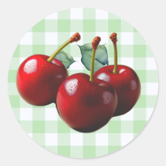 Retro Cherries fresh picked green gingham ラウンドシール (正面)