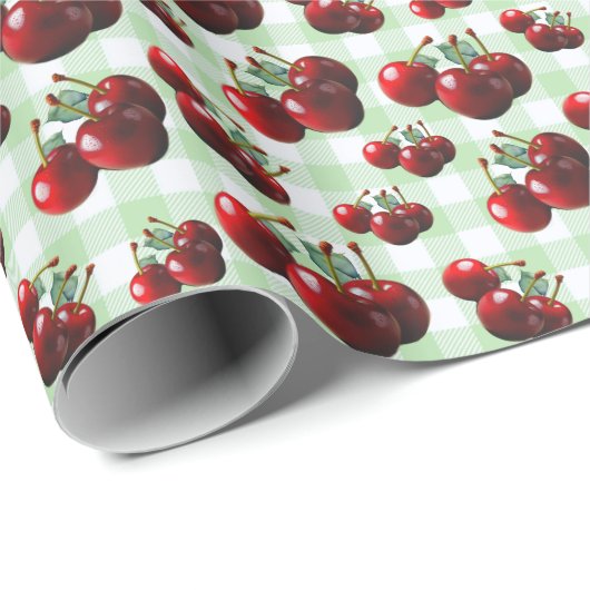 Retro Cherries fresh picked green gingham ラッピングペーパー (ロールコーナー)