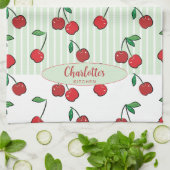 Retro Cherries Red White Green Modern Stripe  キッチンタオル (折り畳み)