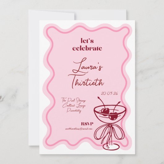 Retro Cherry Cocktail 30th Birthday Invite Bows 招待状 (正面)