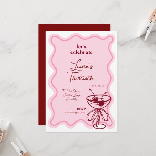 Retro Cherry Cocktail 30th Birthday Invite Bows 招待状 (正面/裏面インサイチュ)