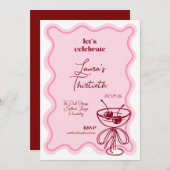 Retro Cherry Cocktail 30th Birthday Invite Bows 招待状 (正面/裏面)
