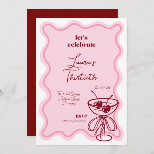 Retro Cherry Cocktail 30th Birthday Invite Bows 招待状 (正面/裏面)