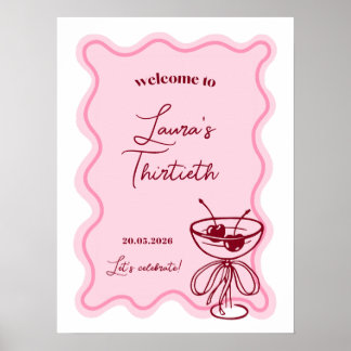 Retro Cherry Cocktail Birthday Party Welcome Sign ポスター