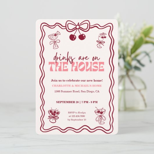 Retro Cherry Cocktail Red Bow Housewarming Party 招待状 (スタンド正面)