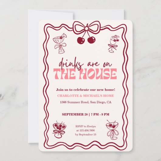 Retro Cherry Cocktail Red Bow Housewarming Party 招待状 (正面)