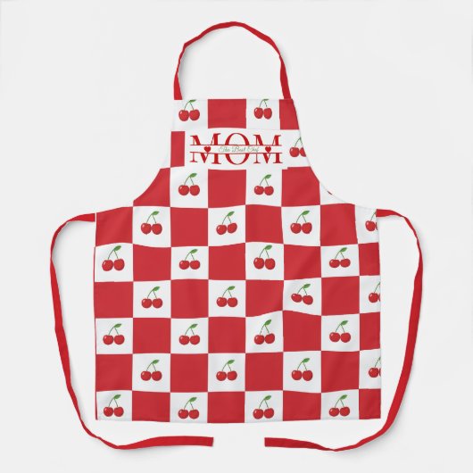 Retro Cherry Red & White  Gingham Custom Mom  エプロン (正面)