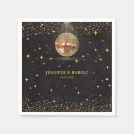 Retro Chic Black Gold Glitter Disco Balls Wedding スタンダードカクテルナプキン
