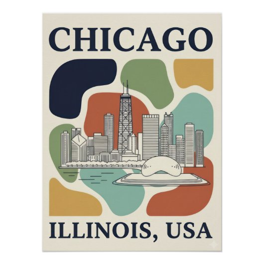 Retro Chicago Skyline Travel Poster - Mid-Century ポスター (正面)