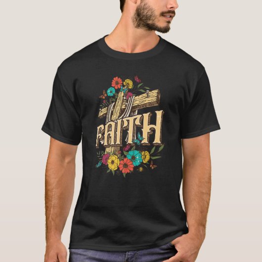 Retro Christian Faith Flower Cross Jesus Tシャツ (正面)