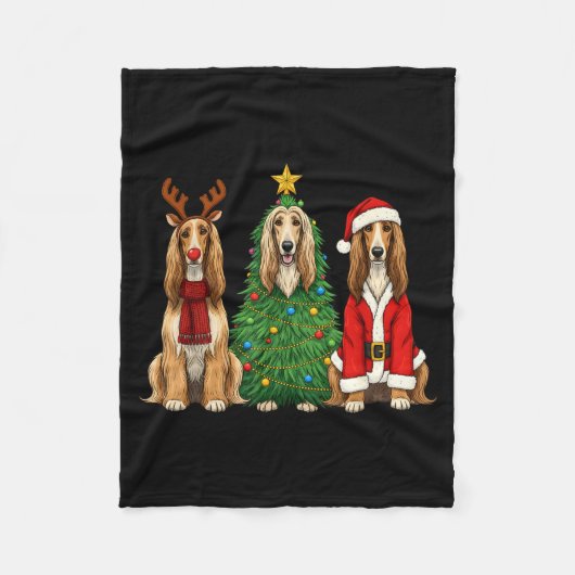 Retro Christmas Afghan Hound Santa Reindeer Dog Lo フリースブランケット (正面)