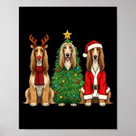 Retro Christmas Afghan Hound Santa Reindeer Dog Lo ポスター (正面)