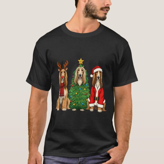 Retro Christmas Afghan Hound Santa Reindeer Dog Lo Tシャツ (正面)