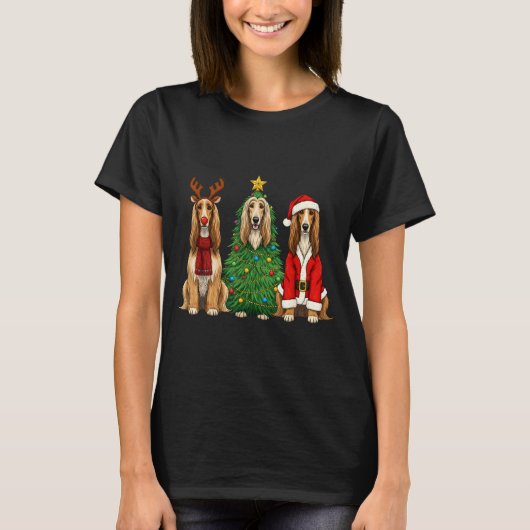 Retro Christmas Afghan Hound Santa Reindeer Dog Lo Tシャツ (正面)