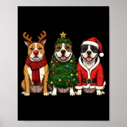 Retro Christmas American Bully Santa Reindeer Dog ポスター (正面)