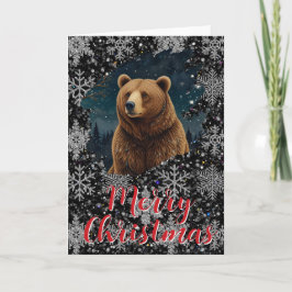 Retro Christmas bear midnight snowy landscape カード