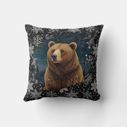 Retro Christmas bear midnight snowy landscape クッション (裏面)