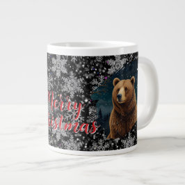 Retro Christmas bear midnight snowy landscape ジャンボコーヒーマグカップ