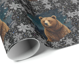 Retro Christmas bear midnight snowy landscape ラッピングペーパー