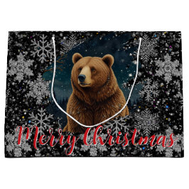 Retro Christmas bear midnight snowy landscape ラージペーパーバッグ