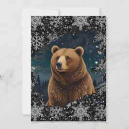 Retro Christmas bear midnight snowy landscape 招待状
