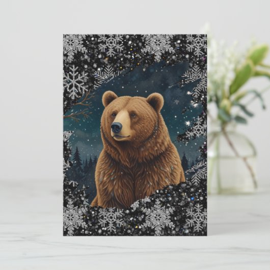 Retro Christmas bear midnight snowy landscape 招待状 (スタンド正面)