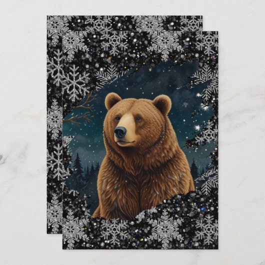 Retro Christmas bear midnight snowy landscape 招待状 (正面/裏面)