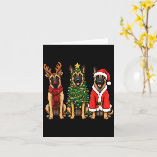 Retro Christmas Belgian Malinois Santa Reindeer Do カード (黄色い花)