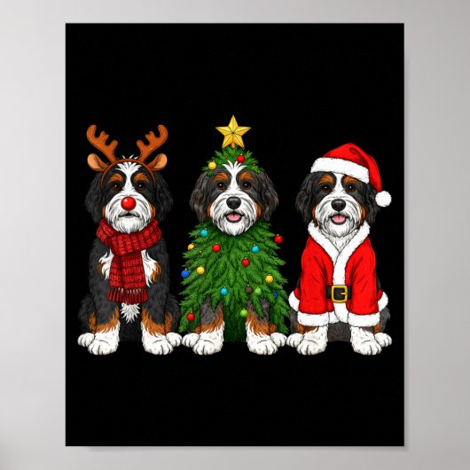 Retro Christmas Bernedoodle Santa Reindeer Dog Lov ポスター (正面)