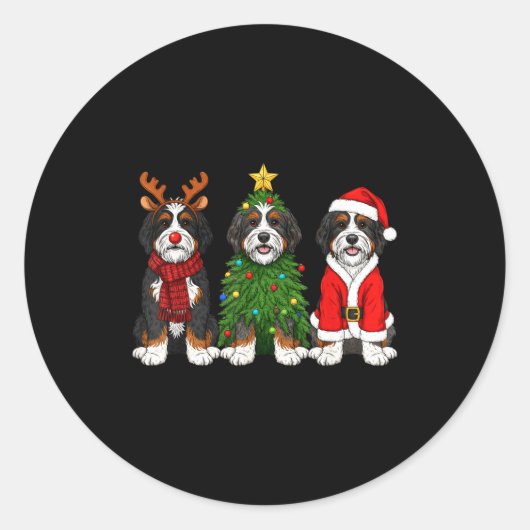 Retro Christmas Bernedoodle Santa Reindeer Dog Lov ラウンドシール (正面)