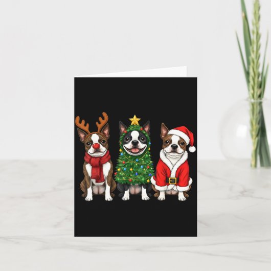 Retro Christmas Boston Terrier Santa Reindeer Dog  カード (正面)