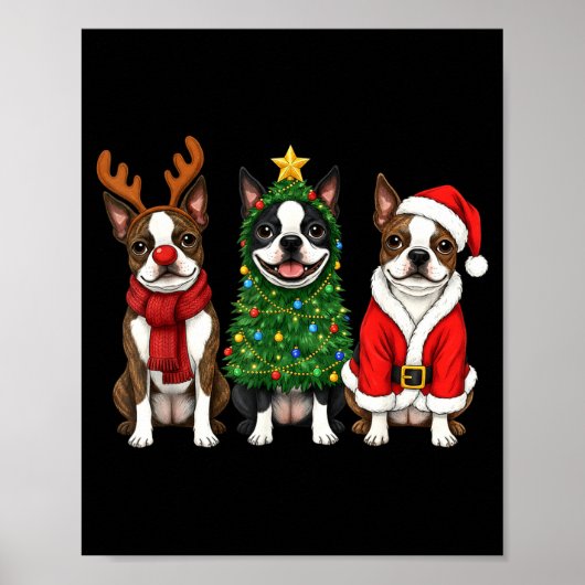 Retro Christmas Boston Terrier Santa Reindeer Dog  ポスター (正面)