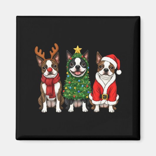 Retro Christmas Boston Terrier Santa Reindeer Dog  マグネット (正面)