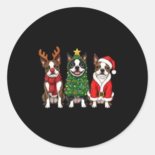 Retro Christmas Boston Terrier Santa Reindeer Dog ラウンドシール (正面)