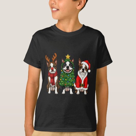 Retro Christmas Boston Terrier Santa Reindeer Dog Tシャツ (正面)