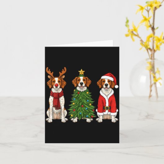 Retro Christmas Brittany Spaniel Santa Reindeer Do カード (黄色い花)
