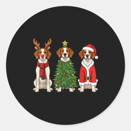 Retro Christmas Brittany Spaniel Santa Reindeer Do ラウンドシール (正面)