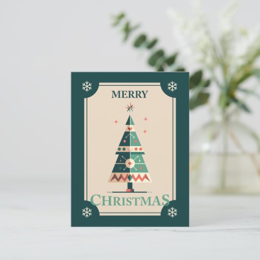 Retro Christmas Card With Geometric Tree Design ポストカード (スタンド正面)