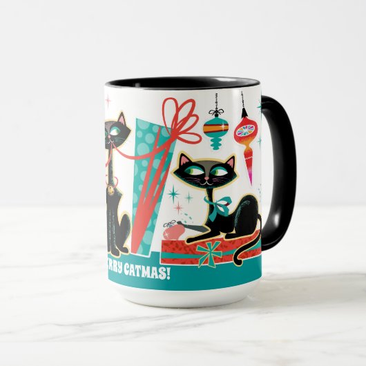 Retro Christmas Cats Mug Customizable マグカップ (正面右)
