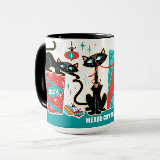 Retro Christmas Cats Mug Customizable マグカップ (正面左)